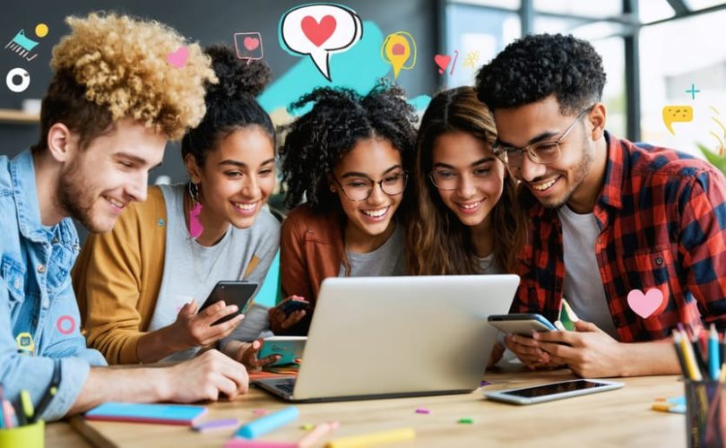 Diverse group of young individuals and adults using digital devices in a supportive environment, symbolizing connectivity and empowerment through digital mental health advocacy.