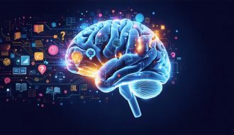 Visualization of a teenager's brain undergoing transformation with glowing pathways and symbols representing cognitive development, abstract thinking, and decision-making abilities.