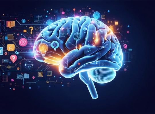 Visualization of a teenager's brain undergoing transformation with glowing pathways and symbols representing cognitive development, abstract thinking, and decision-making abilities.