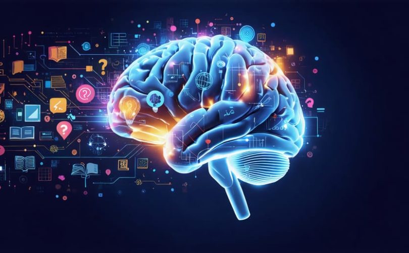 Visualization of a teenager's brain undergoing transformation with glowing pathways and symbols representing cognitive development, abstract thinking, and decision-making abilities.
