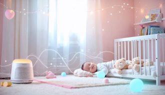 A cozy, softly lit nursery with a toddler napping in a crib surrounded by a dreamy circadian rhythm diagram, illustrating the importance of a consistent nap schedule for children's sleep health.