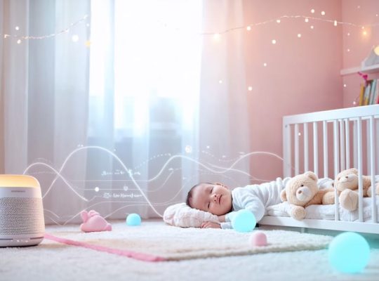 A cozy, softly lit nursery with a toddler napping in a crib surrounded by a dreamy circadian rhythm diagram, illustrating the importance of a consistent nap schedule for children's sleep health.