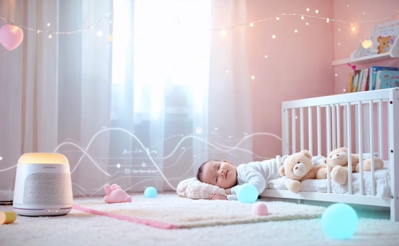 A cozy, softly lit nursery with a toddler napping in a crib surrounded by a dreamy circadian rhythm diagram, illustrating the importance of a consistent nap schedule for children's sleep health.