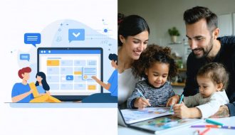 Split-screen image illustrating co-parenting with collaborating parents and shared scheduling versus parallel parenting where parents independently manage children's well-being through separate digital tools.