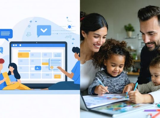 Split-screen image illustrating co-parenting with collaborating parents and shared scheduling versus parallel parenting where parents independently manage children's well-being through separate digital tools.