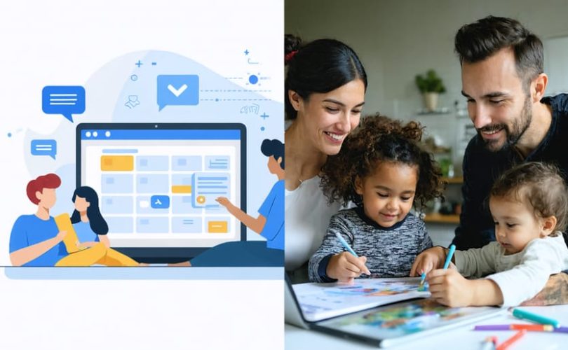 Split-screen image illustrating co-parenting with collaborating parents and shared scheduling versus parallel parenting where parents independently manage children's well-being through separate digital tools.