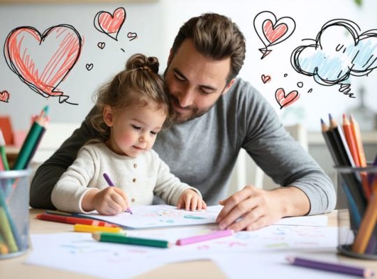 A parent and child sitting together at a table, engaged in collaborative problem-solving with papers and markers, symbolizing teamwork, empathy, and communication.