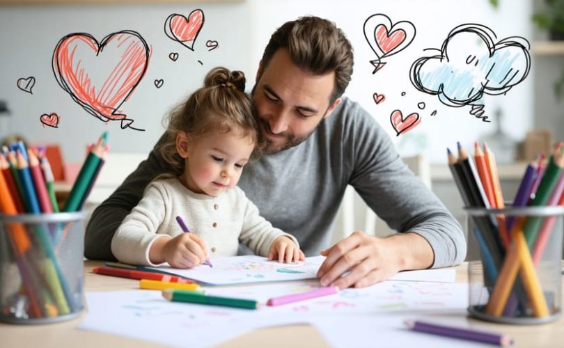 A parent and child sitting together at a table, engaged in collaborative problem-solving with papers and markers, symbolizing teamwork, empathy, and communication.