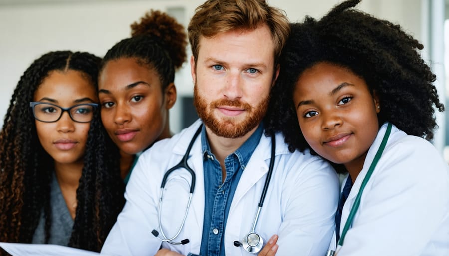 Multicultural team of healthcare providers discussing patient care in a clinical setting