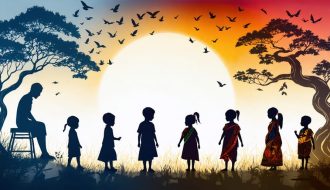 Artistic illustration showing the connection between childhood experiences and mental health across cultures with interconnected silhouettes and cultural symbols.