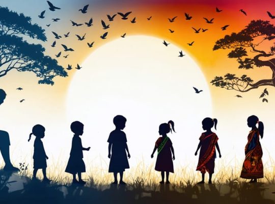 Artistic illustration showing the connection between childhood experiences and mental health across cultures with interconnected silhouettes and cultural symbols.