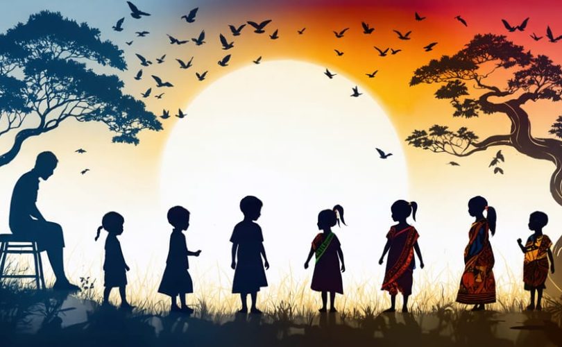 Artistic illustration showing the connection between childhood experiences and mental health across cultures with interconnected silhouettes and cultural symbols.