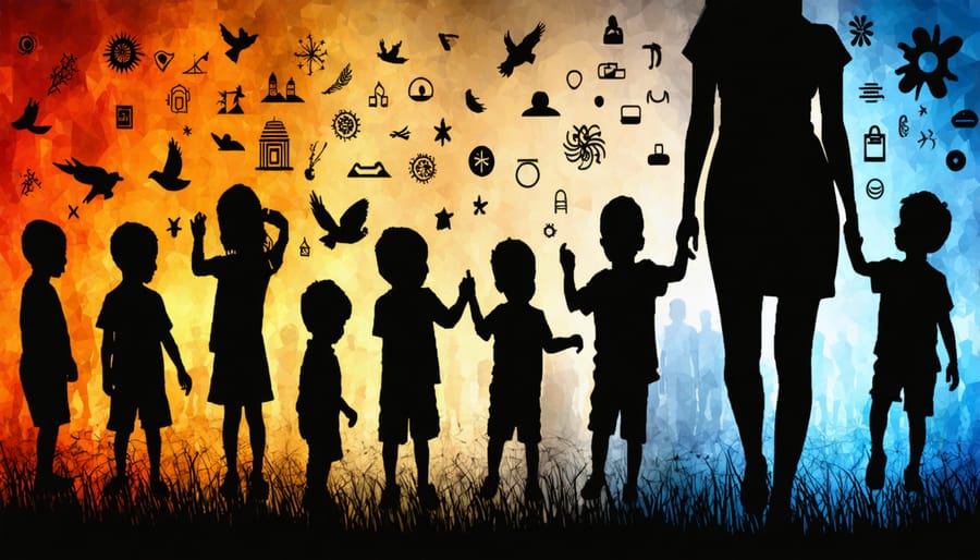 Artistic illustration showing connection between childhood experiences and mental health across cultures