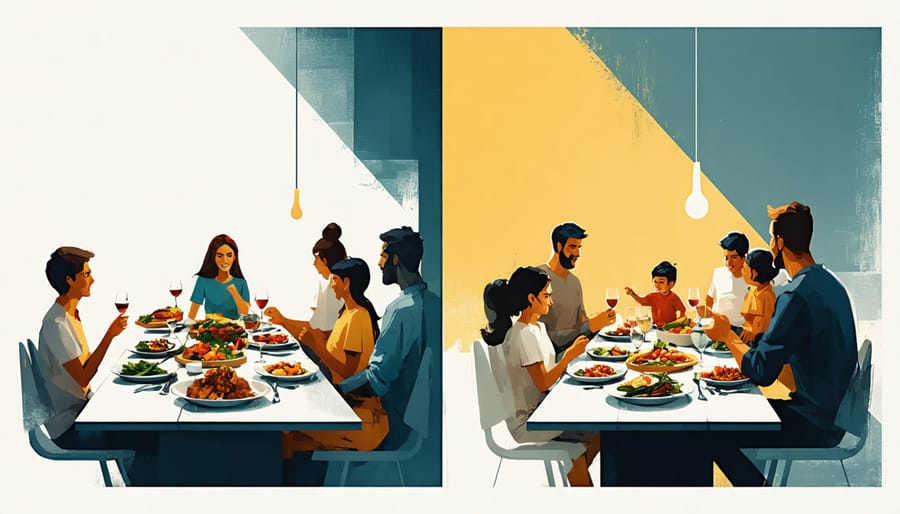 Side-by-side comparison of family dinner experiences showing the impact of parental sleep quality