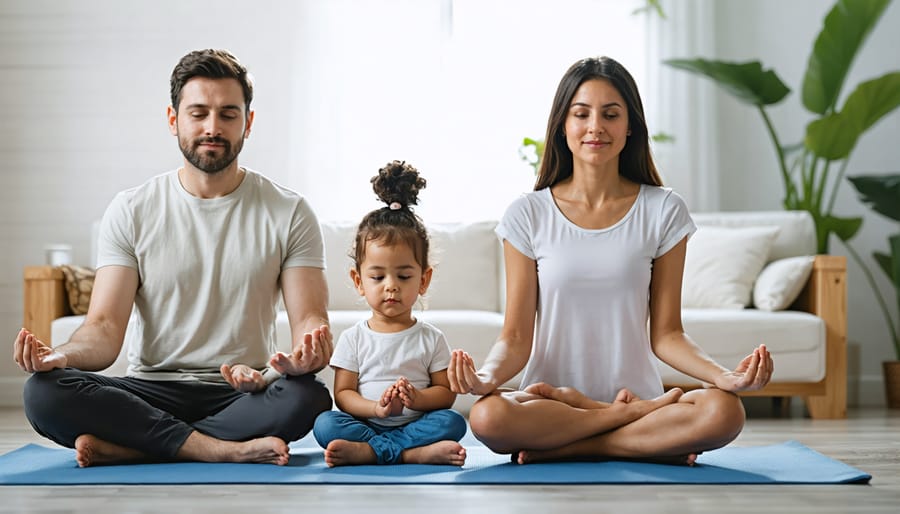 Family of four practicing mindfulness exercises together at home