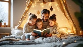 A serene family scene with parents and children enjoying a bedtime story in a warmly lit, cozy bedroom, symbolizing restful sleep and emotional wellbeing.