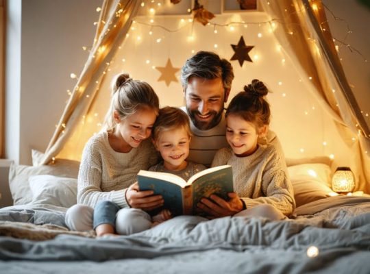 A serene family scene with parents and children enjoying a bedtime story in a warmly lit, cozy bedroom, symbolizing restful sleep and emotional wellbeing.