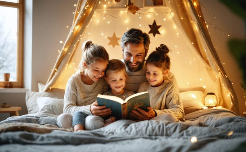 A serene family scene with parents and children enjoying a bedtime story in a warmly lit, cozy bedroom, symbolizing restful sleep and emotional wellbeing.