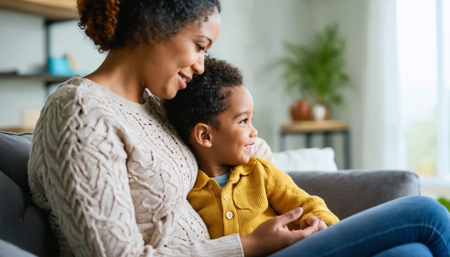 Parent sitting with child on couch, engaged in supportive conversation about feelings