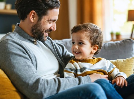 Parent and child sitting on a cozy living room couch, engaged in a supportive conversation about emotions, symbolizing mental health literacy and emotional well-being.