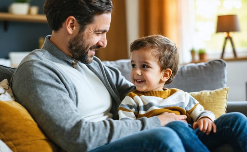 Parent and child sitting on a cozy living room couch, engaged in a supportive conversation about emotions, symbolizing mental health literacy and emotional well-being.