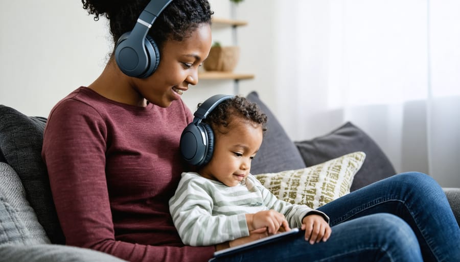 Parent and child having an animated conversation while listening to a podcast together