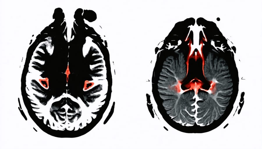 Side-by-side brain scan images comparing adolescent and adult brain activity patterns