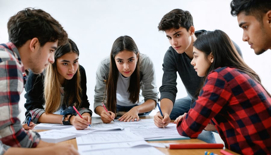 Diverse group of teenagers working together on a complex puzzle or project