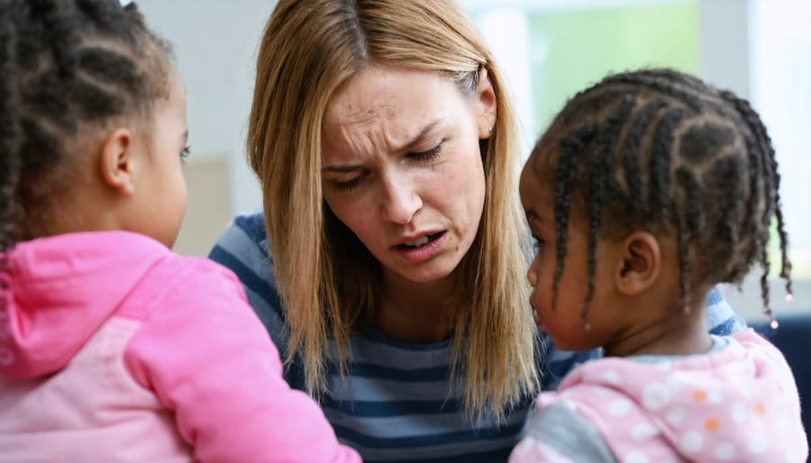 Exhausted parent attempting to engage with playful children while displaying fatigue