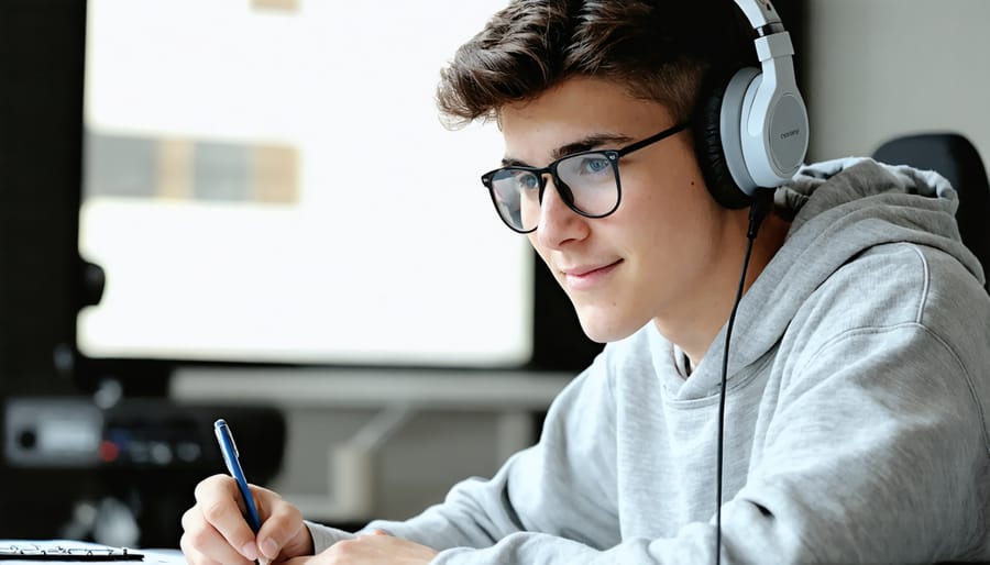 Teenager actively listening to a podcast with headphones and writing in a notebook