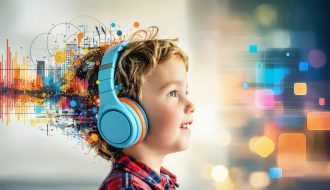 A young child wearing headphones surrounded by sound waves and educational icons, representing the impact of podcasts on developing critical thinking skills.