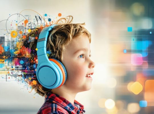 A young child wearing headphones surrounded by sound waves and educational icons, representing the impact of podcasts on developing critical thinking skills.