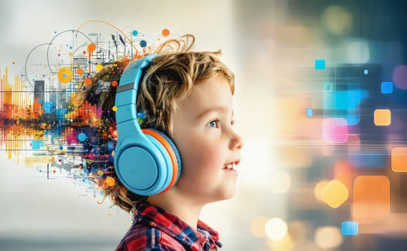 A young child wearing headphones surrounded by sound waves and educational icons, representing the impact of podcasts on developing critical thinking skills.