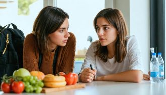Parent and teenage daughter talk calmly at a kitchen table in soft natural light, with a small vape pen on the table and school items blurred in the background.