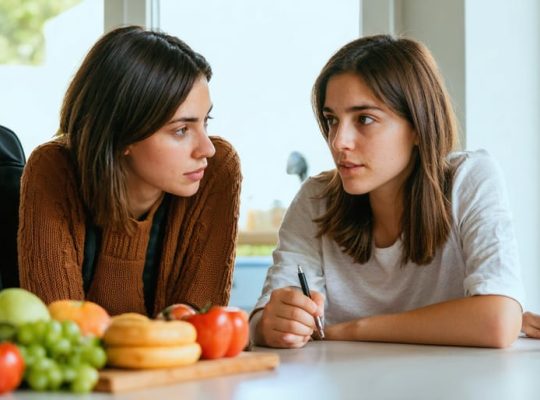 Parent and teenage daughter talk calmly at a kitchen table in soft natural light, with a small vape pen on the table and school items blurred in the background.