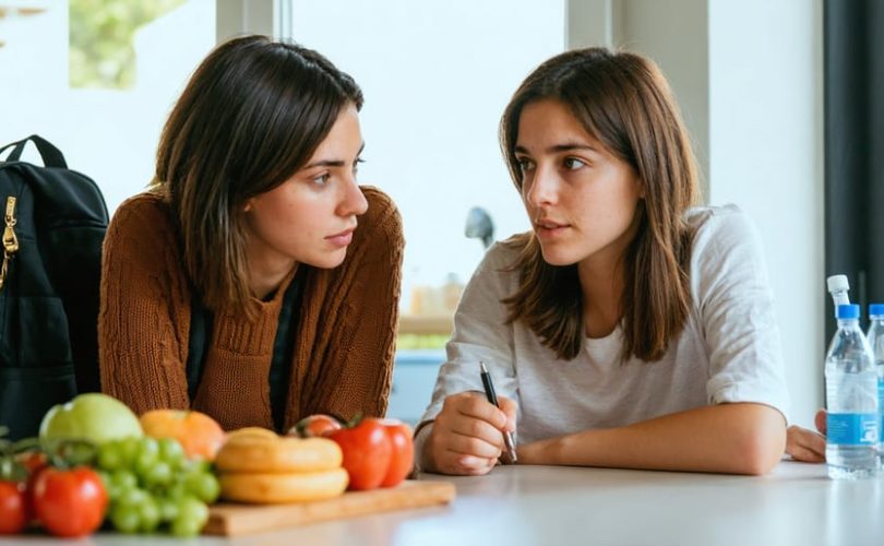 Parent and teenage daughter talk calmly at a kitchen table in soft natural light, with a small vape pen on the table and school items blurred in the background.