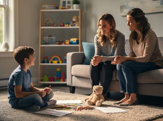 Therapist and parent supporting a school-age child during play therapy in a warm counseling room, with art supplies and a plush toy in focus and softly blurred shelves and a sunlit window with trees in the background.