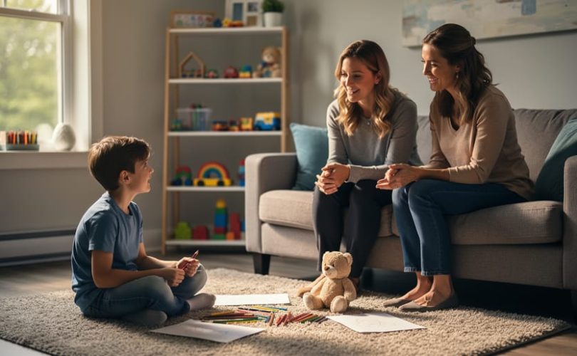 Therapist and parent supporting a school-age child during play therapy in a warm counseling room, with art supplies and a plush toy in focus and softly blurred shelves and a sunlit window with trees in the background.