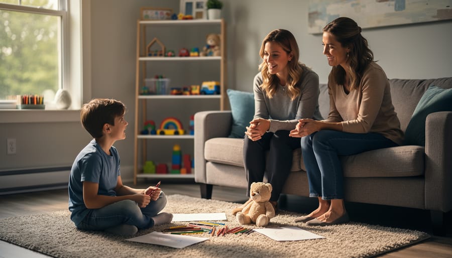 Therapist and parent supporting a school-age child during play therapy in a warm counseling room, with art supplies and a plush toy in focus and softly blurred shelves and a sunlit window with trees in the background.
