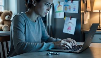 Concerned parent using a laptop at a kitchen table, broken metal chain link near the trackpad, warm lamplight, with a child’s teddy bear and refrigerator drawings softly blurred in the background.