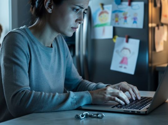 Concerned parent using a laptop at a kitchen table, broken metal chain link near the trackpad, warm lamplight, with a child’s teddy bear and refrigerator drawings softly blurred in the background.