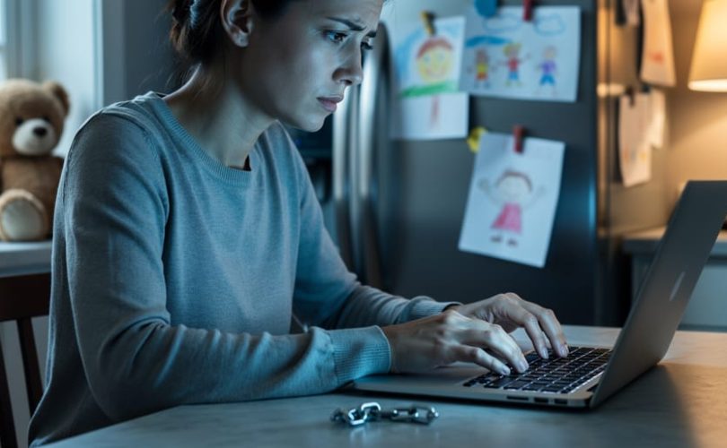 Concerned parent using a laptop at a kitchen table, broken metal chain link near the trackpad, warm lamplight, with a child’s teddy bear and refrigerator drawings softly blurred in the background.