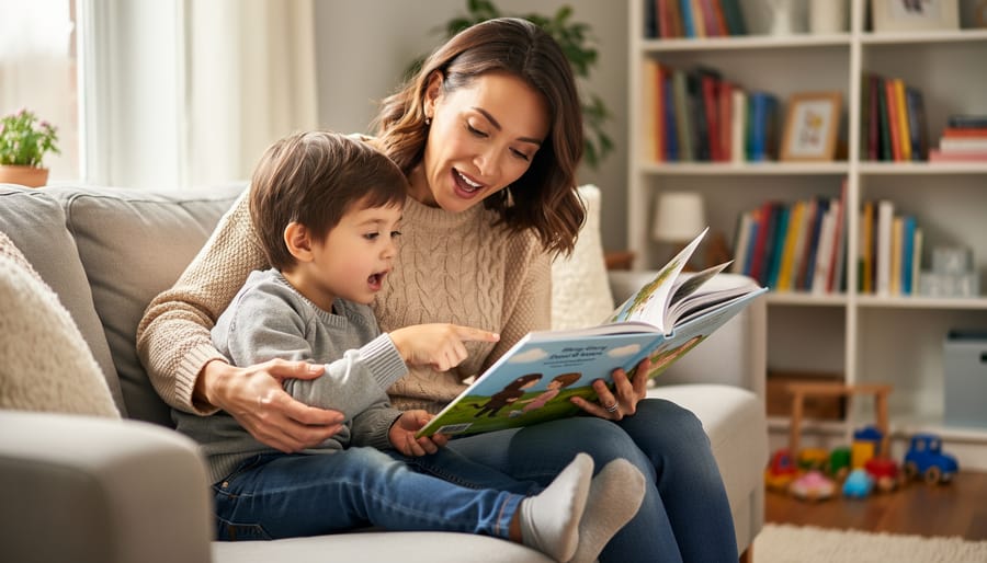 Parent and preschool child reading picture book together on couch