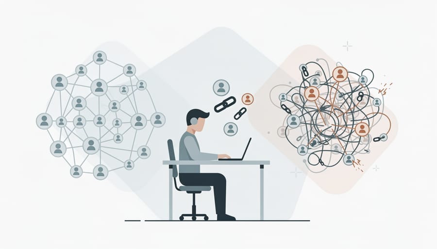 Person working on laptop with digital warning symbols representing SEO risks