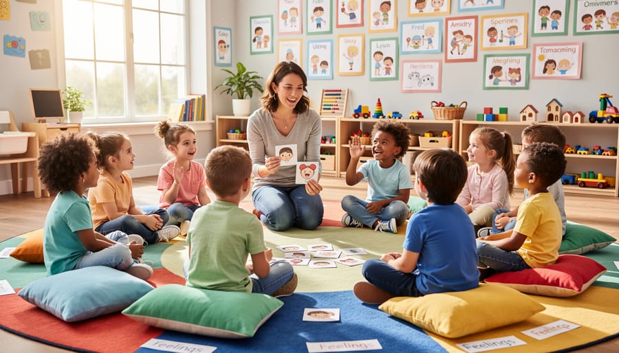 Preschool children sitting in circle during social emotional learning activity with teacher