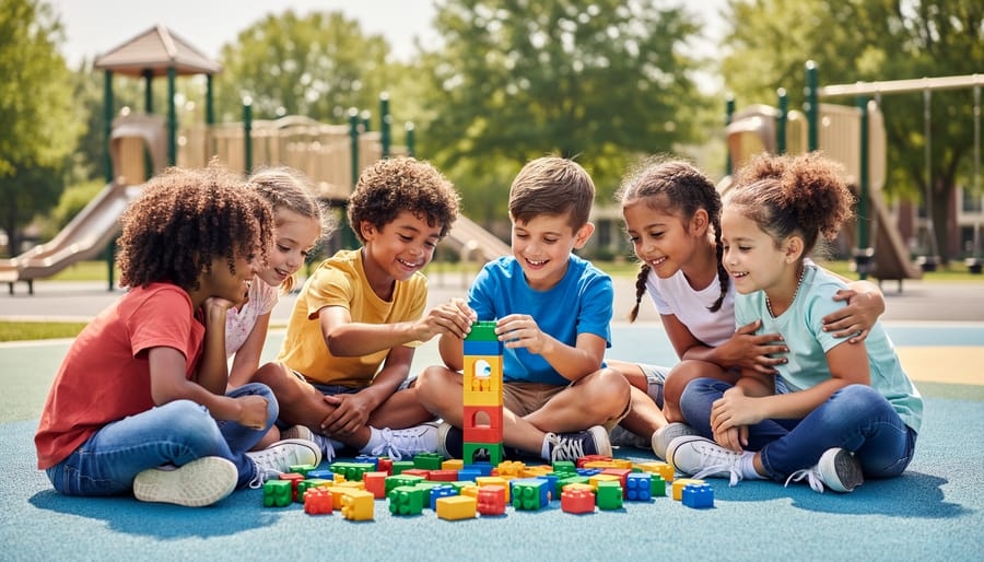 Two preschool children sharing toys and playing cooperatively together
