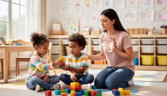 Two preschool children at eye level in a sunlit classroom as one offers a block to comfort the other, with a teacher kneeling nearby demonstrating deep breathing; soft-focus shelves, toys, and text-free artwork in the background.