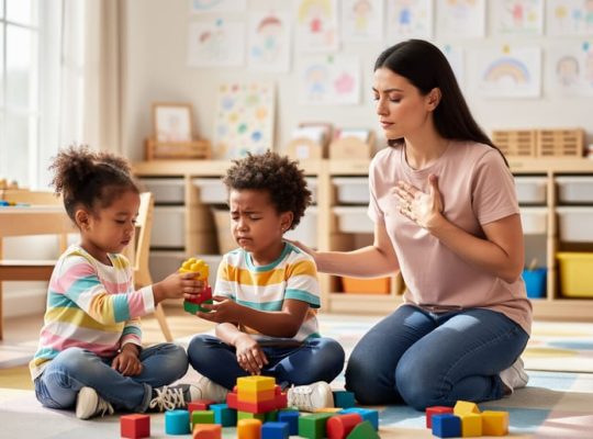 Two preschool children at eye level in a sunlit classroom as one offers a block to comfort the other, with a teacher kneeling nearby demonstrating deep breathing; soft-focus shelves, toys, and text-free artwork in the background.