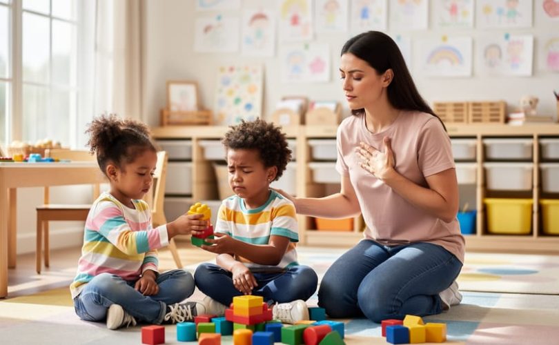 Two preschool children at eye level in a sunlit classroom as one offers a block to comfort the other, with a teacher kneeling nearby demonstrating deep breathing; soft-focus shelves, toys, and text-free artwork in the background.