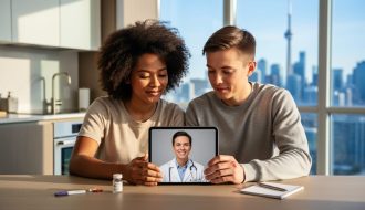 Diverse couple at a sunlit kitchen table in a Toronto condo on a video call with a fertility doctor on a tablet; CN Tower and skyline softly blurred in background; subtle unlabeled fertility tools on the table; calm, hopeful atmosphere.
